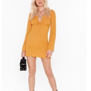 tie detail flare sleeve rib mini tea dress in Mustard